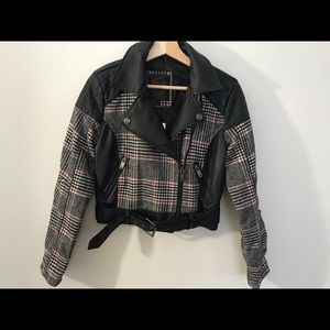 Checkered moto jacket with leather details